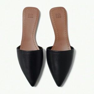 Zara Black Leather Flat Pointed Toe Mule